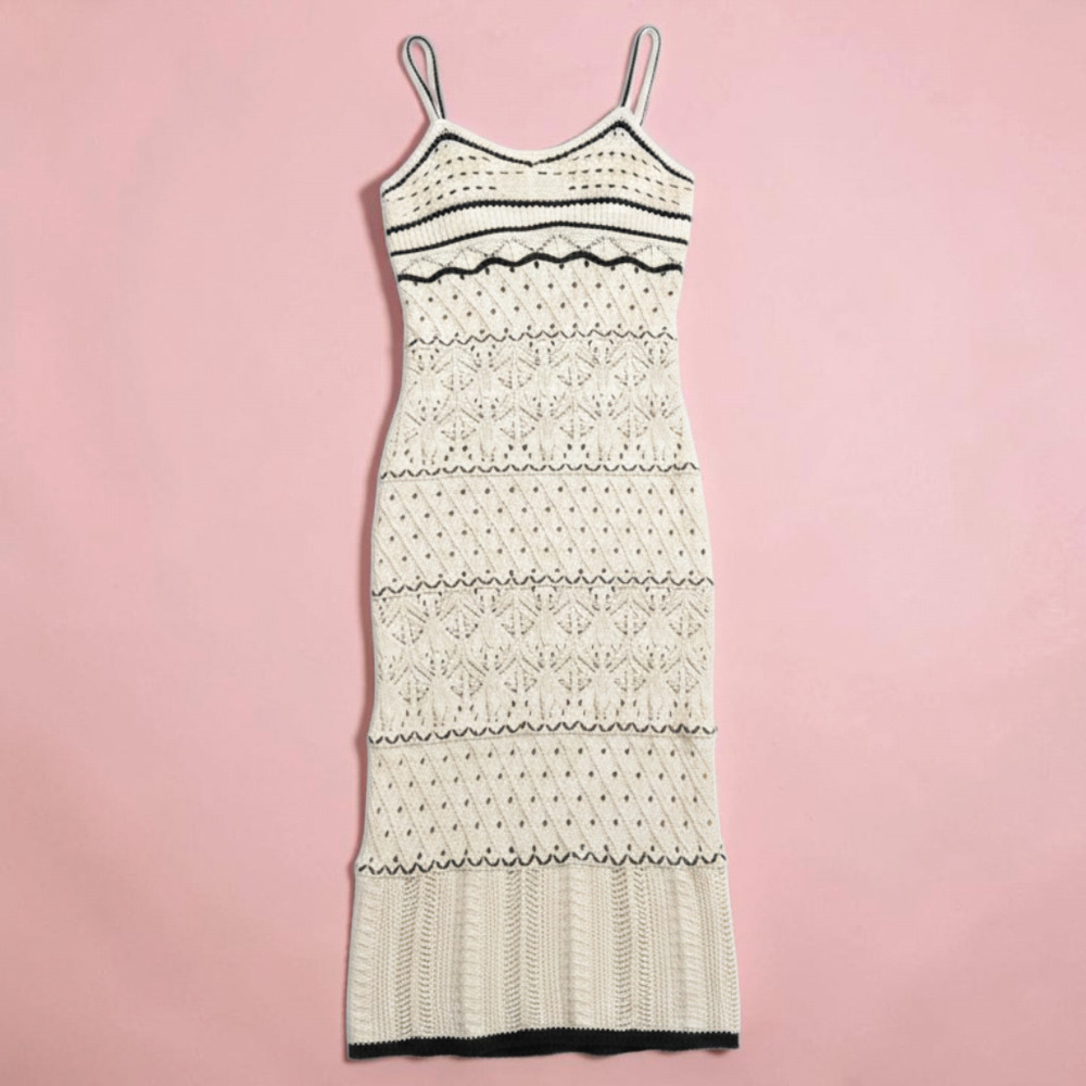 Rihoas Crochet Knit Dress Cream Off White Black Sweater Midi Pointelle Small